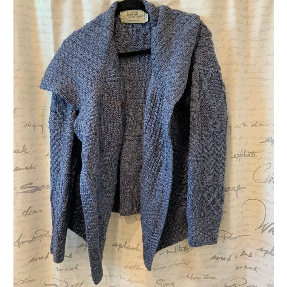 Aran Sweater Market Blue Merino Wool Cable Knit Cardigan Sweater M